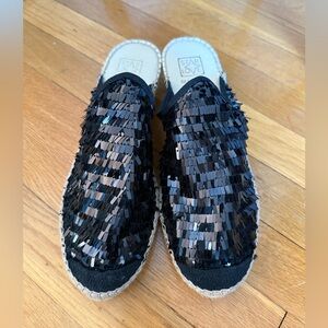 Star Love Women’s Slip On Espadrille Wedge Sandals Black Sequin Jute Bottom 9